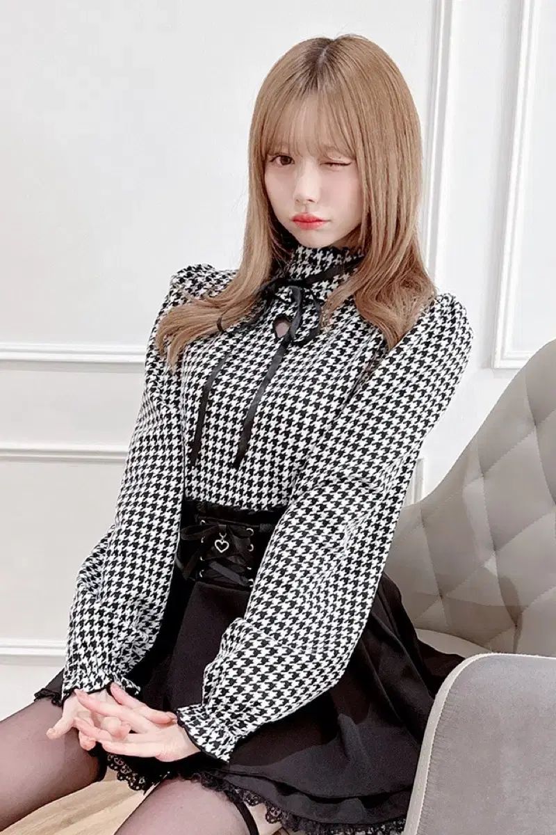 マズ ハート エンブロイダリー テレコ ニット トップス 長袖 千鳥 量産型 地雷系