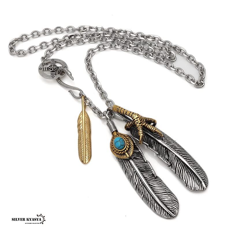 silver KYASYA 316 L ステンレス フェザーネックレス シルバー ターコイズフェザーネックレス ペンダント 金爪フェザー 特大フェザー 羽根 太陽 m
