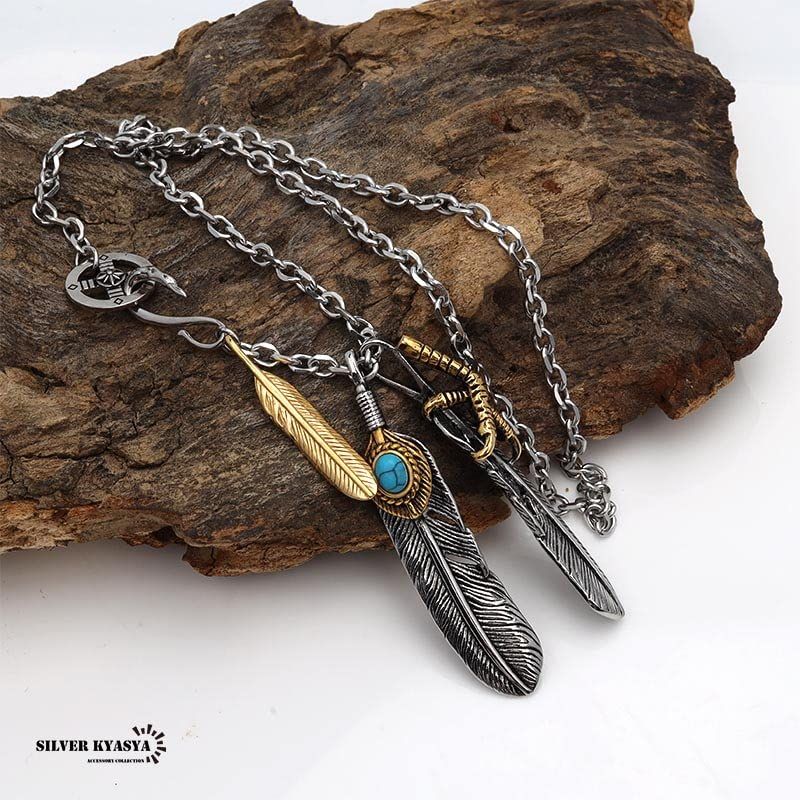  silver KYASYA 316 L ステンレス フェザーネックレス シルバー ターコイズフェザーネックレス ペンダント 金爪フェザー 特大フェザー 羽根 太陽 m ネックレス アクセサリー