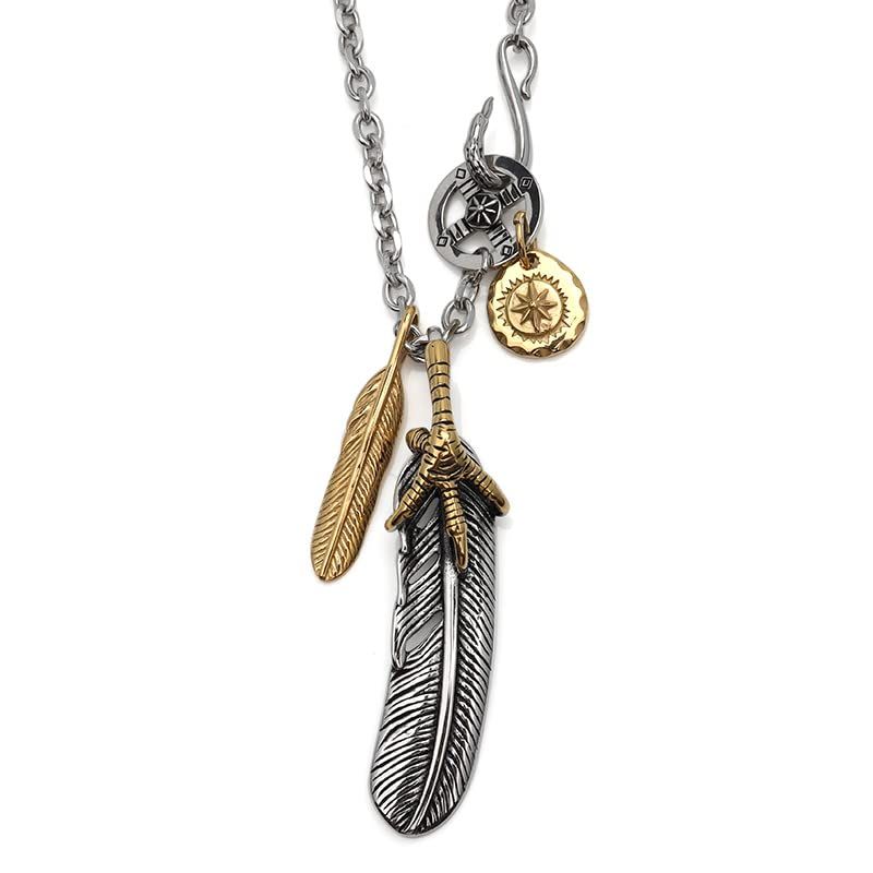 silver KYASYA 316 L ステンレス 特大フェザーネックレス 金爪フェザー ネックレス ペンダント 太陽メタル m