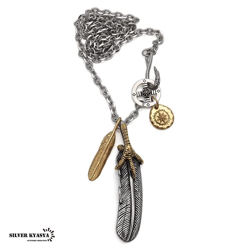 silver KYASYA 316 L ステンレス 特大フェザーネックレス 金爪フェザー ネックレス ペンダント 太陽メタル m