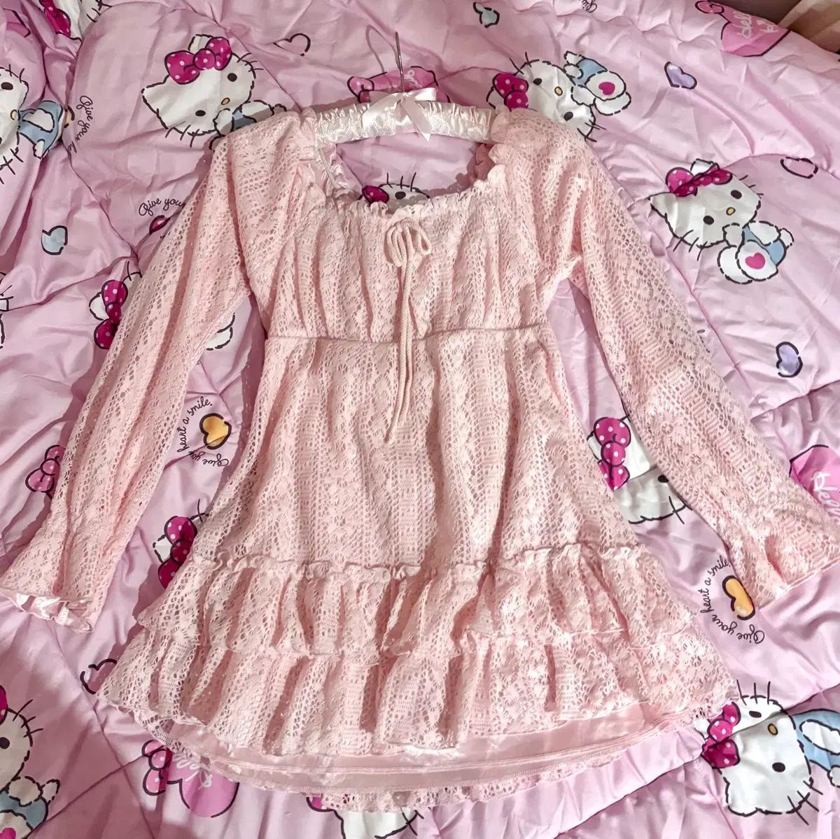 姫ギャル 姫カジュアル 長袖 リー リボン ニット レース トップス