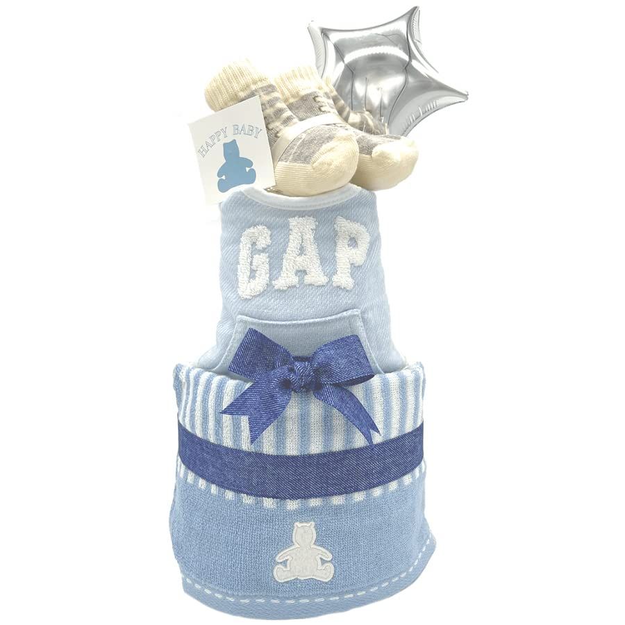 enicy おむつケーキ ギャップ 出産祝い スタイ ウォッシュタオル オーガニックソックス付き 3段 ギフトセット おむつSサイズ パンパース ブルー po
