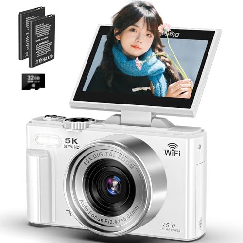 デジカメ 5 K録画 7500万画素 スマホに送れる デジタルカメラ Wi Fi機能 180度回転 ディスプレイ オートフォーカス 18倍デジタルズーム 連続撮影 自撮り 3 0インチスクリーン 32 GBマイクロSDカード付き 1200 mAh電池 軽量 携po