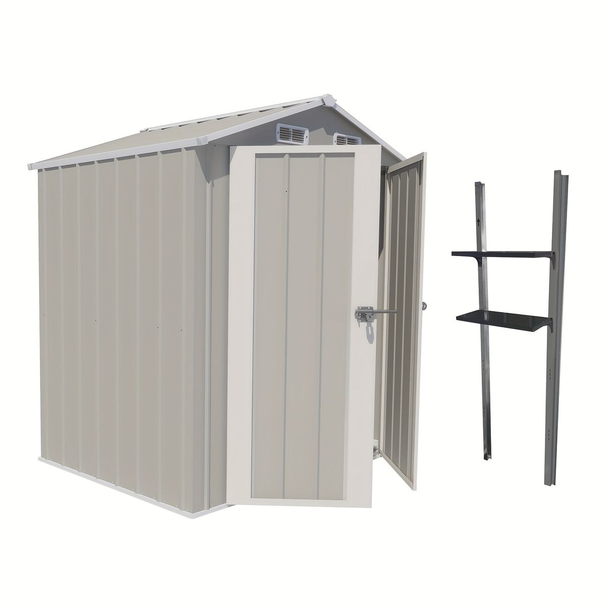 工具不要＆頑丈設計 大型屋外スチール物置 調整 4段フレーム 防水屋根＆ロック ドア ワークショップ最適 ライトグレー スチール倉庫 ガーデン収納 DIY組立