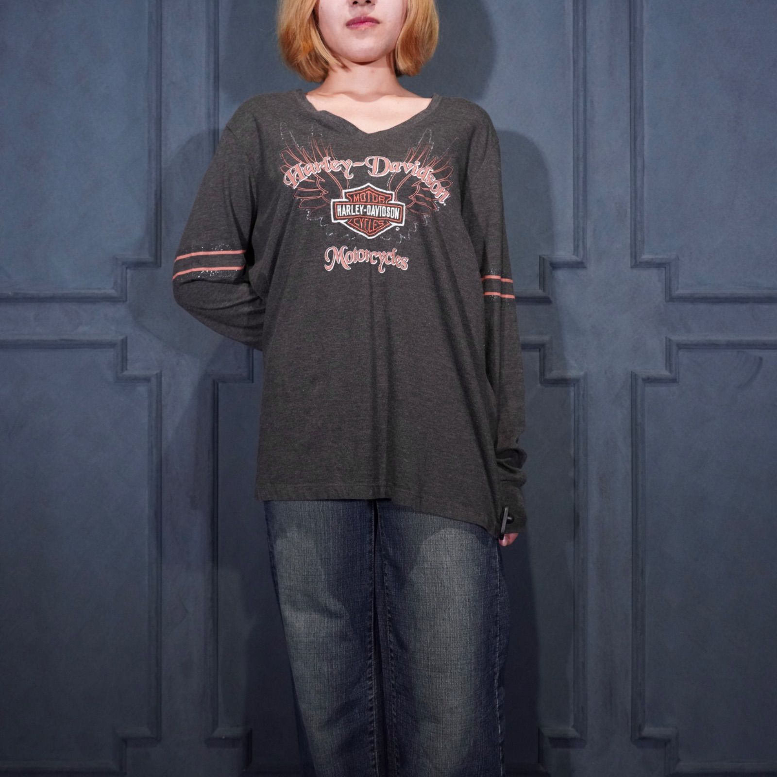 USA VINTAGE HARLEY DAVIDSON GRITTER WING PRINT DESIGN LONG SLEEVE T SHIRT アメリカ古着ハーレーダヴィッドソングリッターウィングプリントデザイン長袖Tシャツ