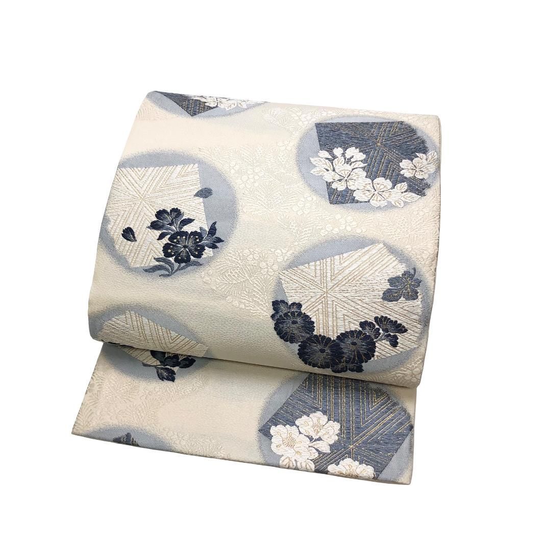 袋帯 藍染 作家物 丸に花模様 乳白色 金糸 O-5732 - メルカリ