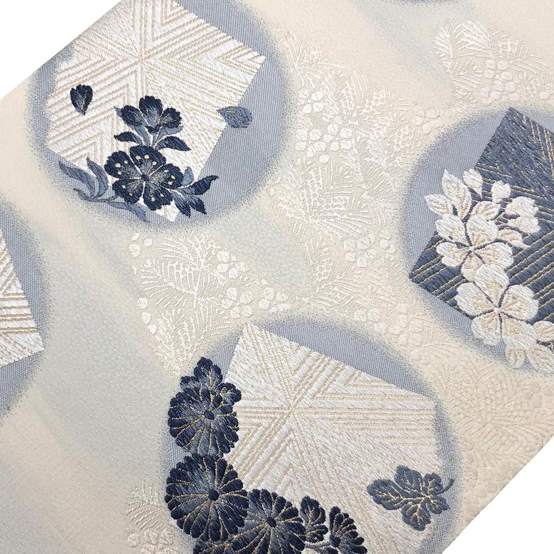 袋帯 藍染 作家物 丸に花模様 乳白色 金糸 O-5732 - メルカリ
