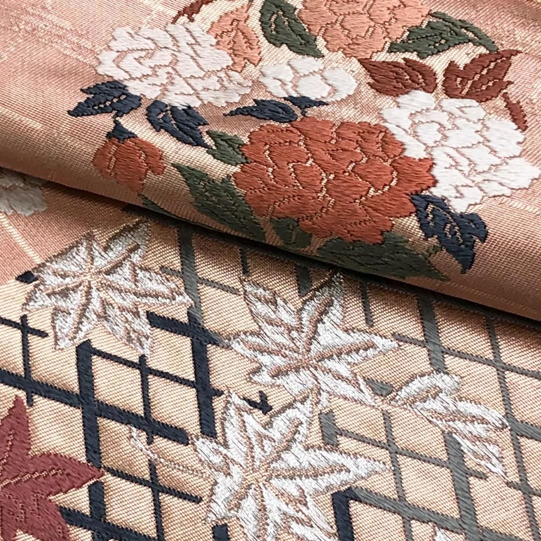 袋帯 唐織 四季の花模様 銀糸 薄紅赤色 O-5739 【公式通販】