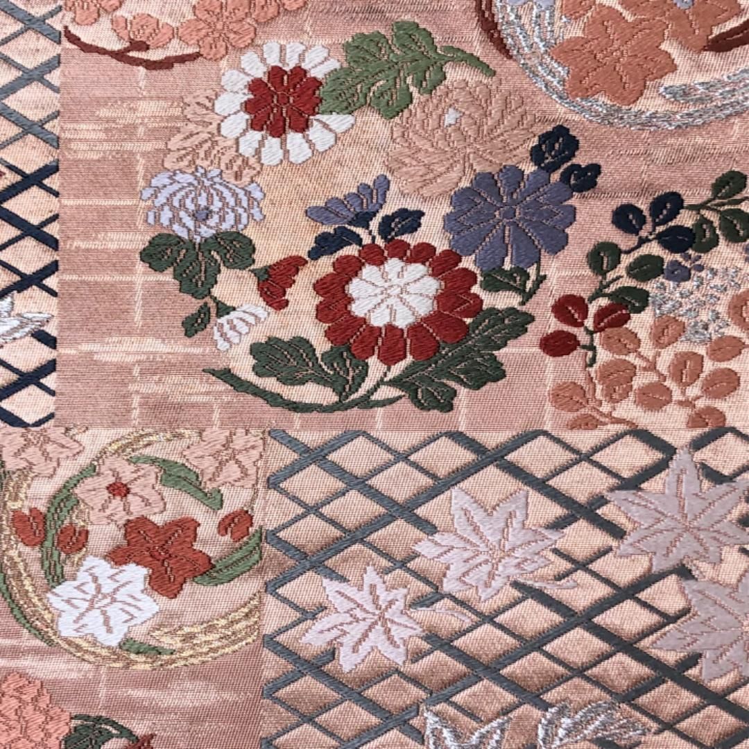 袋帯 唐織 四季の花模様 銀糸 薄紅赤色 O-5739 【公式通販】