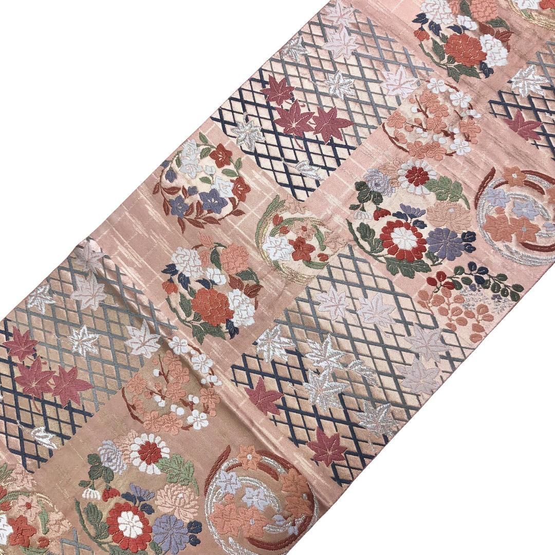 袋帯 唐織 四季の花模様 銀糸 薄紅赤色 O-5739 【公式通販】