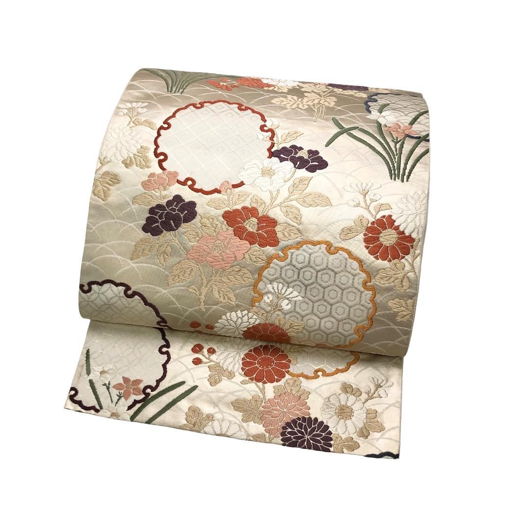袋帯 唐織 雪輪 花模様 金糸 生成色 O-5740 【公式通販】