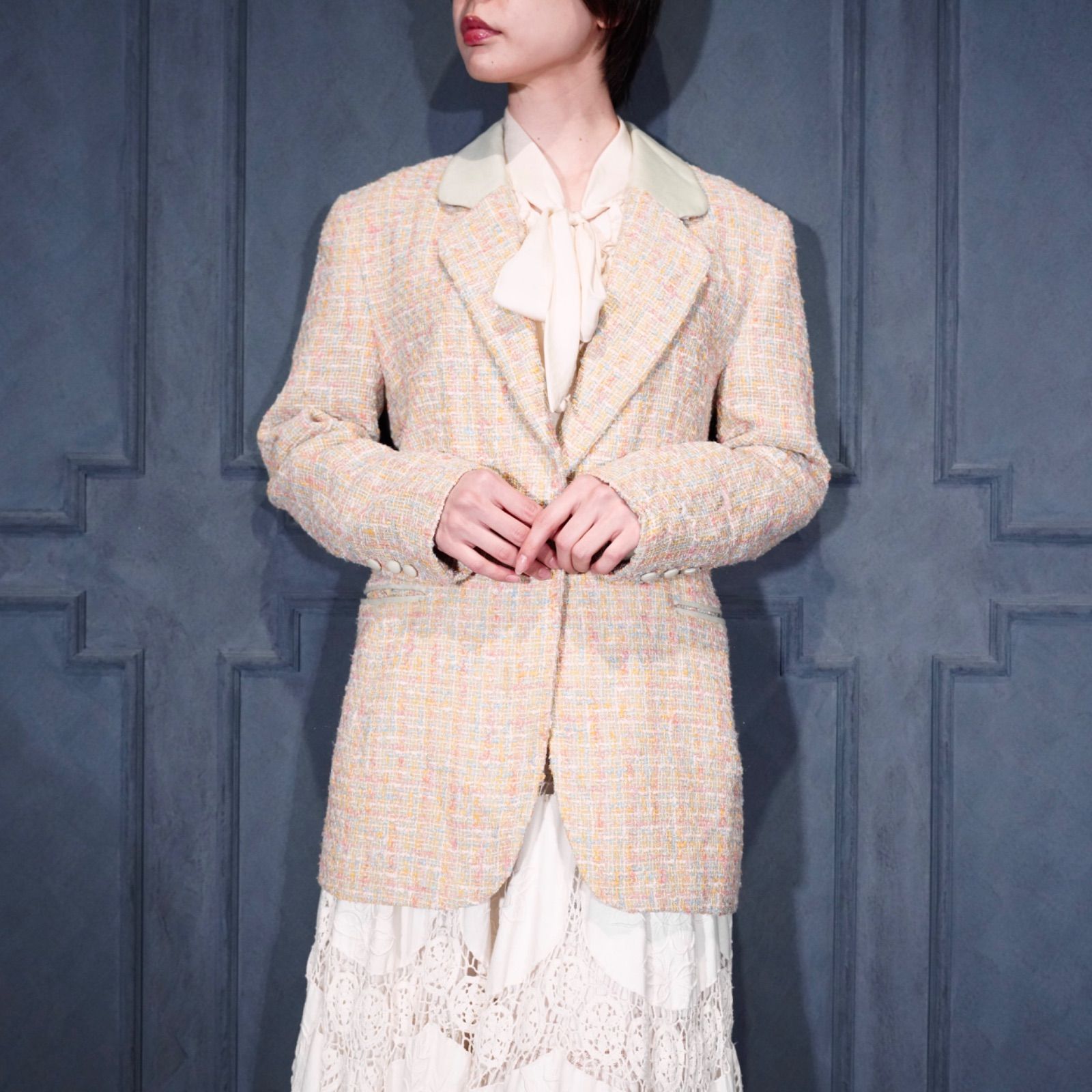 EU VINTAGE PASTEL MIX COLOR DESIGN TWEED TAILORED JACKET ヨーロッパ古着パステルミックスカラーデザインツイードテーラードジャケット