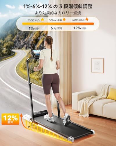 ルームランナー 時速1 12 km 傾斜12 電動 伸縮式ライザー95°と105°の調整 ランニングマシン APP連動 多機能 薄型 広幅走行面トレーニングジム ウォーキングマシン スマートトレッドミル 12種類のプログラム 省スペース m