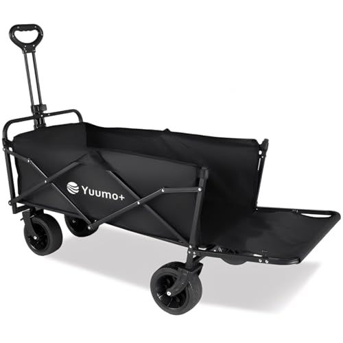 Yuumo キャリーワゴン 大容量280 L 耐荷重250 kg アウトドア キャンプ ワゴン 長物対応 後部展開 太17 cmタイヤ ワンタッチ折りたたみ式 スリム収納 600 D生地 ボトルポケット付き BBQ 釣り 旅行 運動会 買い物 ゴ m