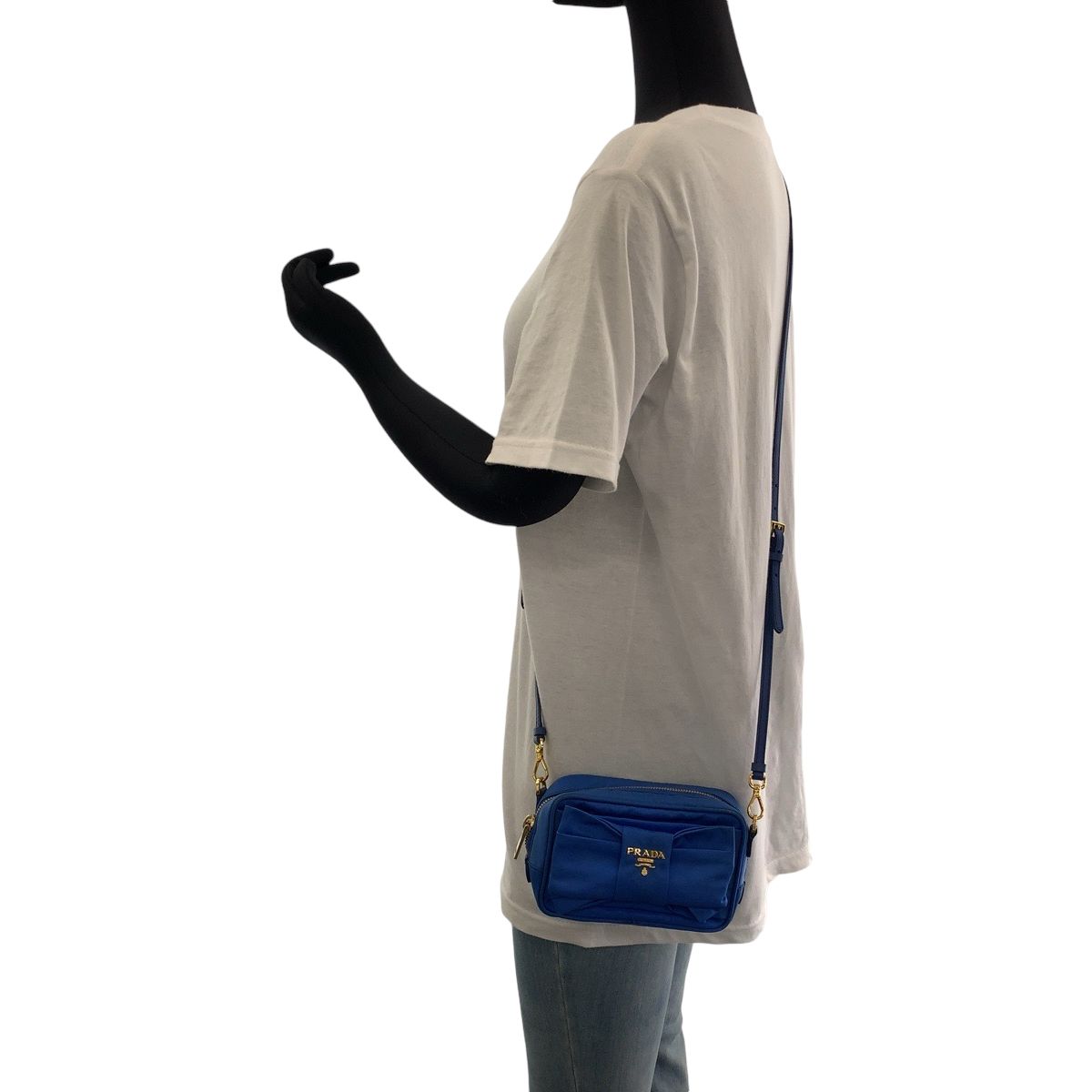PRADA プラダ テスート リボン ブルー ゴールド金具 ナイロン ショルダーバッグ ポシェット レディース 503408 【中古】 PRADA プラダ テスート リボン ブルー ゴールド金具 ナイロン