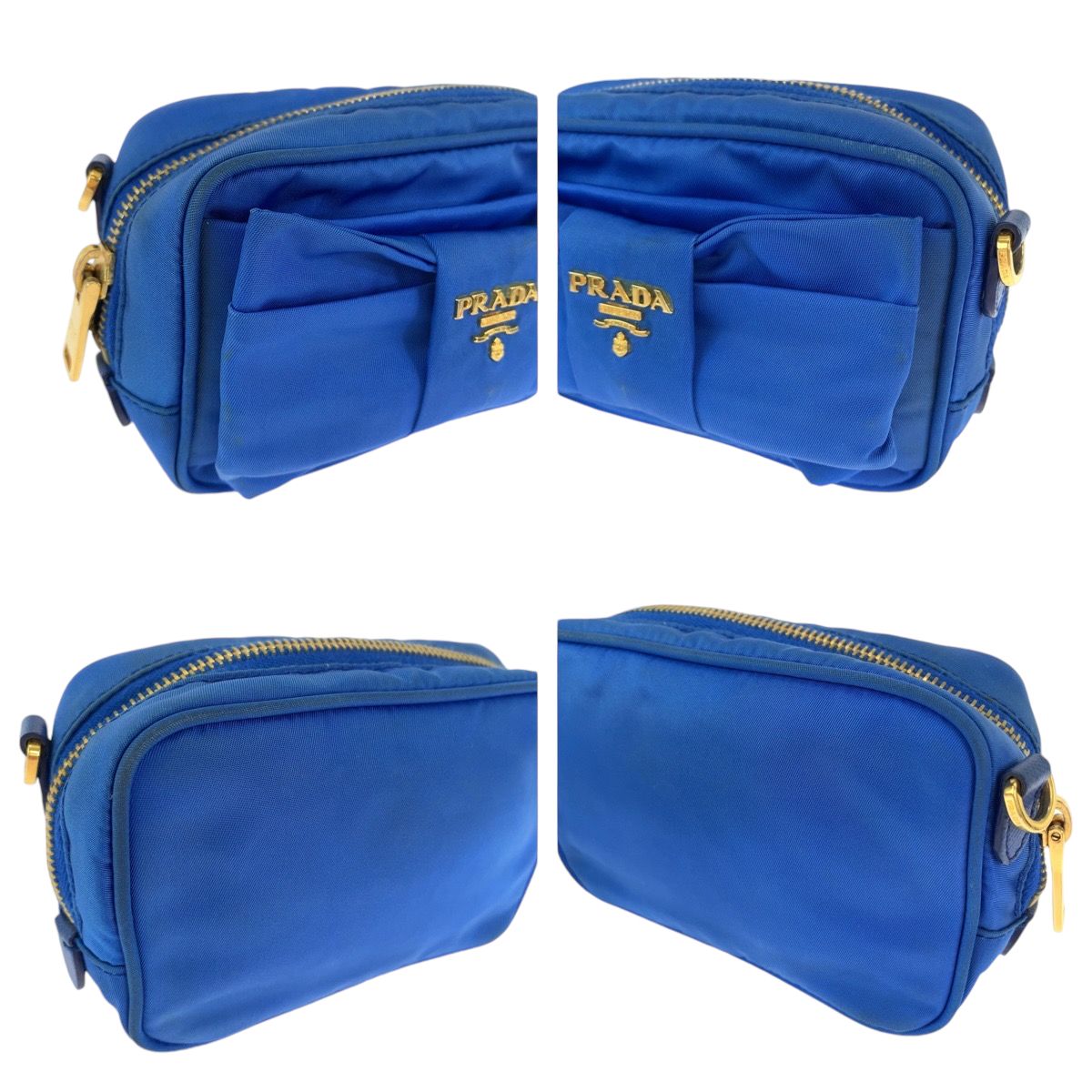 PRADA プラダ テスート リボン ブルー ゴールド金具 ナイロン ショルダーバッグ ポシェット レディース 503408 【中古】 PRADA プラダ テスート リボン ブルー ゴールド金具 ナイロン