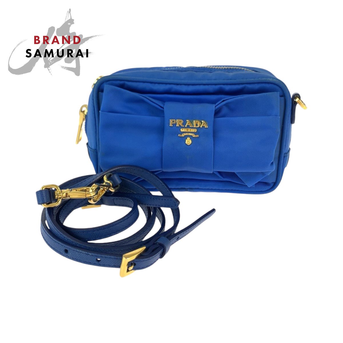 PRADA プラダ テスート リボン ブルー ゴールド金具 ナイロン 