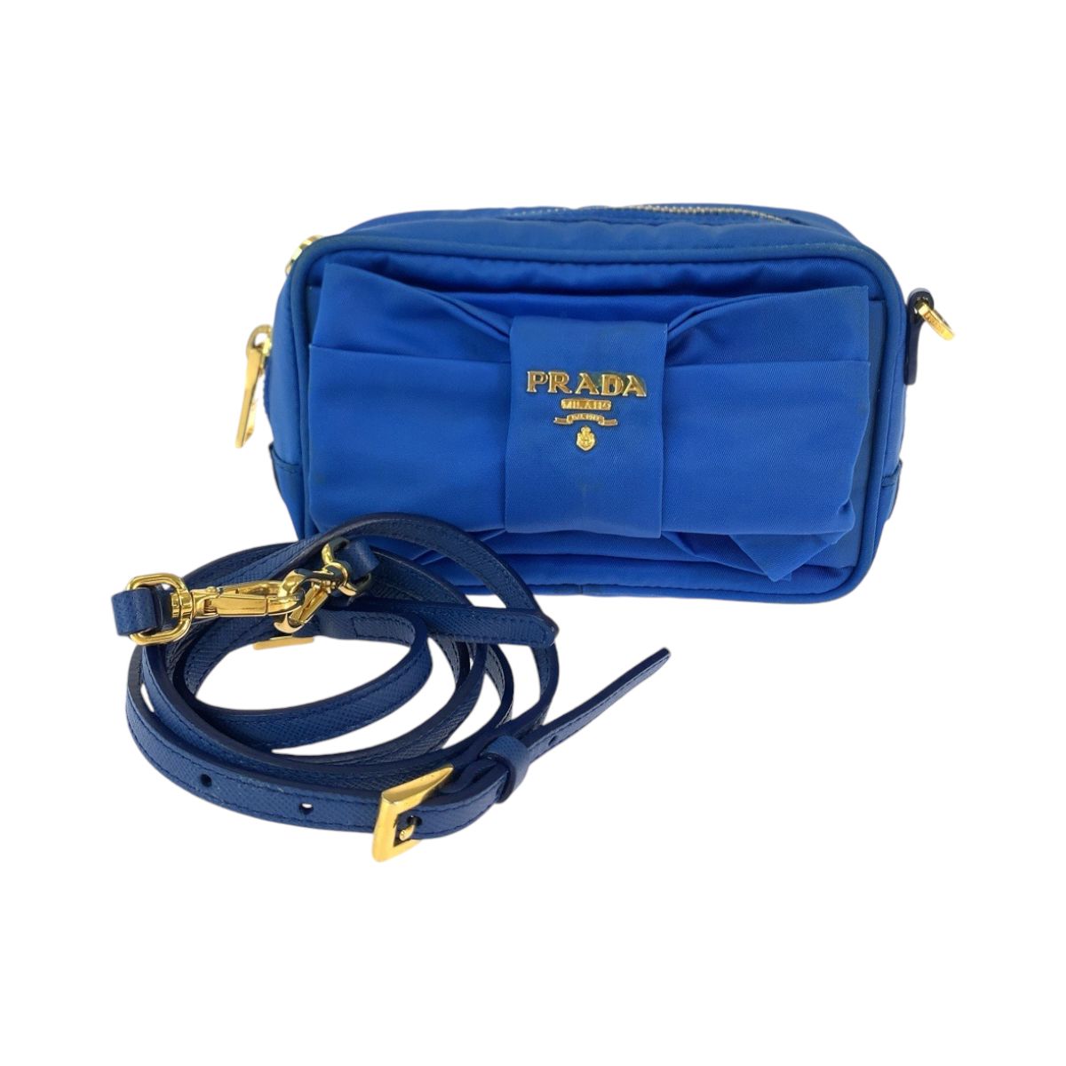 PRADA プラダ テスート リボン ブルー ゴールド金具 ナイロン ショルダーバッグ ポシェット レディース 503408 【中古】 PRADA プラダ テスート リボン ブルー ゴールド金具 ナイロン