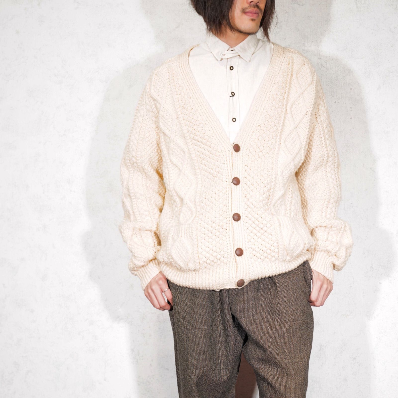 EU VINTAGE Country Club CABLE DESIGN KNIT CARDIGAN MADE IN IRELAND ヨーロッパ古着ケーブルデザインニットカーディガン アランニット