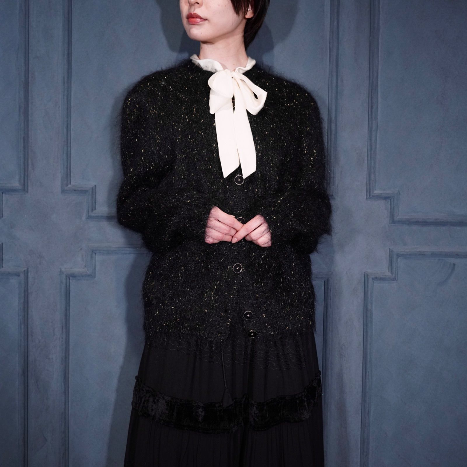 USA VINTAGE GRITTER DESIGN MOHAIR LIKE SHAGGY KNIT CARDIGAN アメリカ古着グリッターデザインモヘア風シャギーニットカーディガン