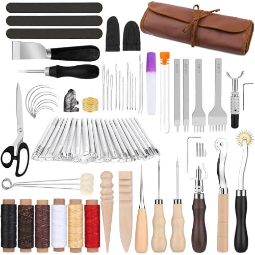 サムコス レザークラフトキット 革工具セット カスタム収納袋付き 千枚通 革包丁 ワックス糸 リミングホイール 菱目打ち ハサミ コバ磨き 指貫 針 革用 DIY 手作り 手縫い レザークラフト ザーツールセット セット po