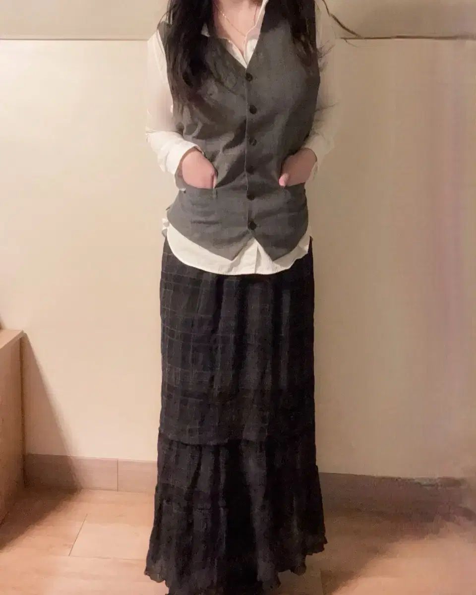 ギークシック プレッピー ピンターコル ベスト ローズ POINT チェック ロング丈スカート コーディネートセット