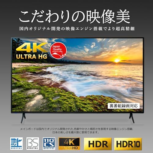 50 V型 4 K対応 地上 BS 110度CS 液晶テレビ ダブルチューナー内蔵 HDR 10 HDMI 4系統 LED直下型バックライト 日本設計メインボード搭載 外付けHDD裏番組録画対応 HDD録画機 ブルーガード イコライザー 50型 m