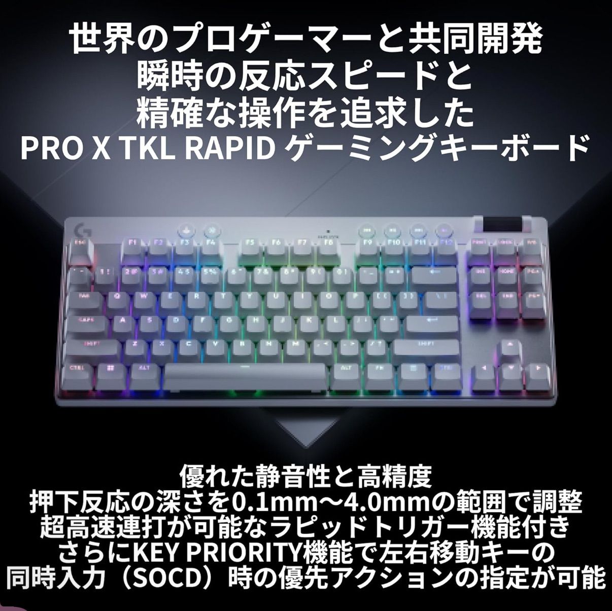 Logicool G ラピッドトリガー PRO X TKL RAPID ゲーミングキーボード アクチュエーションポイント 調整 押下圧 35 日本語配列 PKB RTWH 有線 テンキーレス 磁気式アナログスイッチ PC ホワイト