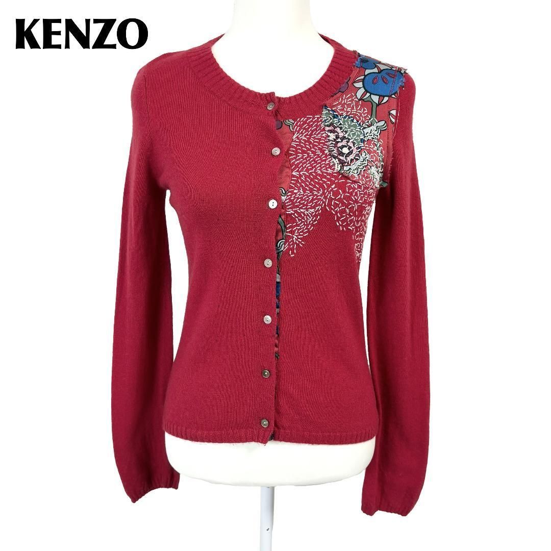 KENZO カシミヤ混ウール長袖カーディガン M レッド 花柄