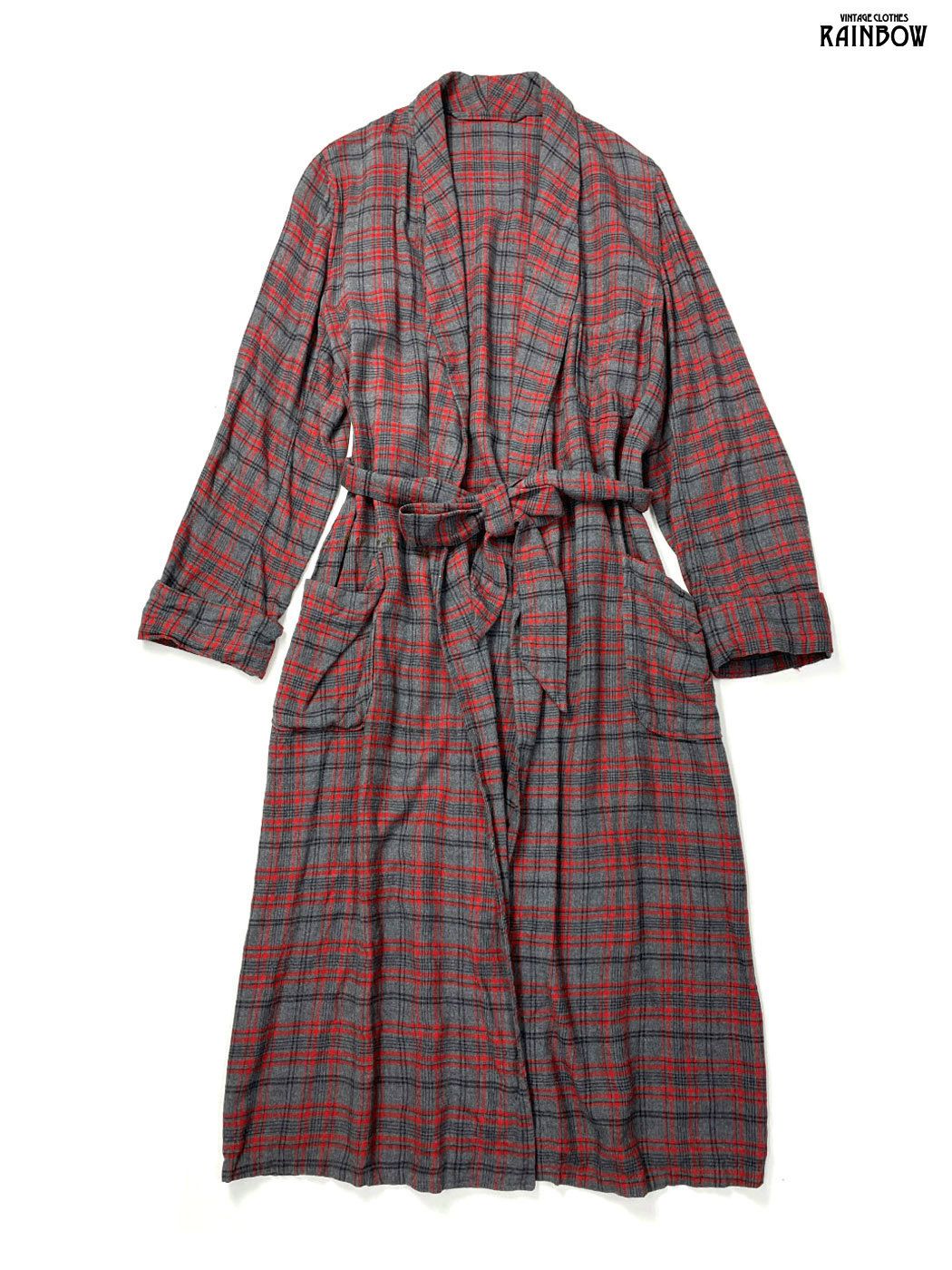 古着 ベルト付き チェック柄 ウール 長袖 アウター ガウン 羽織り 赤 グレー ttu 2512047