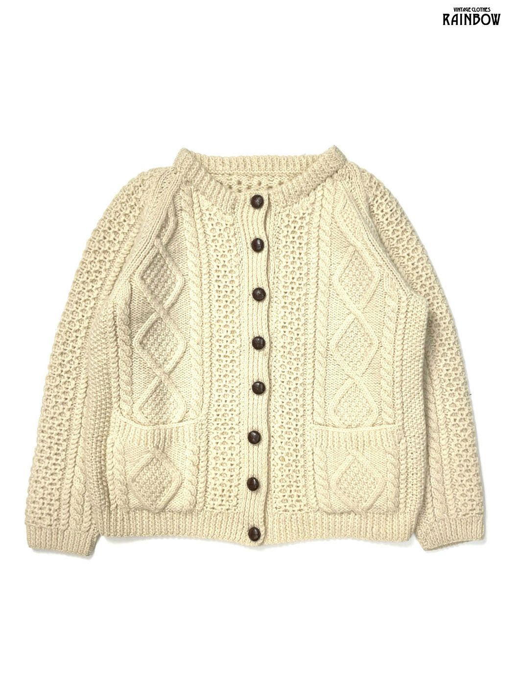 古着 ケーブル編み 無地 ウール 長袖 フィッシャーマン ニット カーディガン ベージュ 生成り ttu 2512058