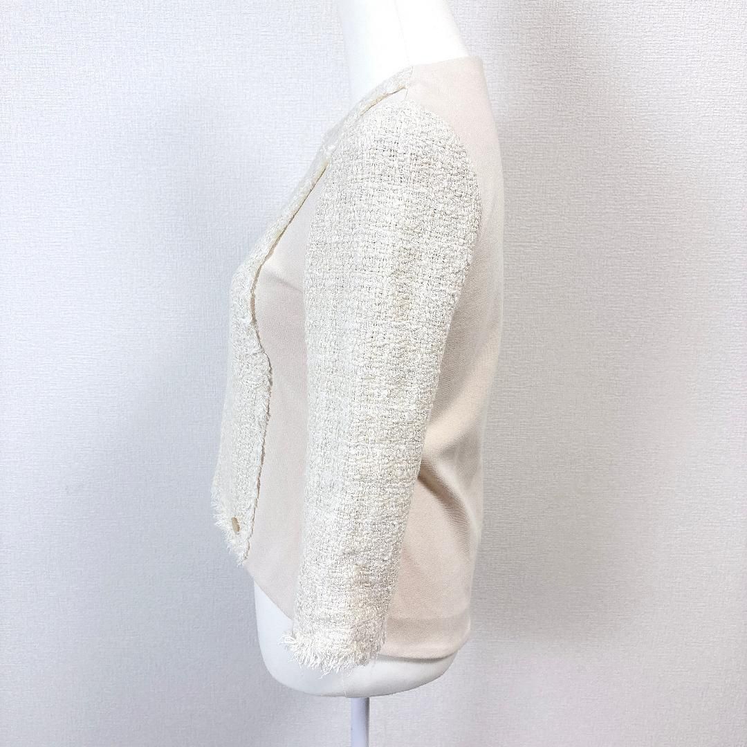 美品】 FOXEY ノーカラージャケット フック 38 オフホワイト ツイード