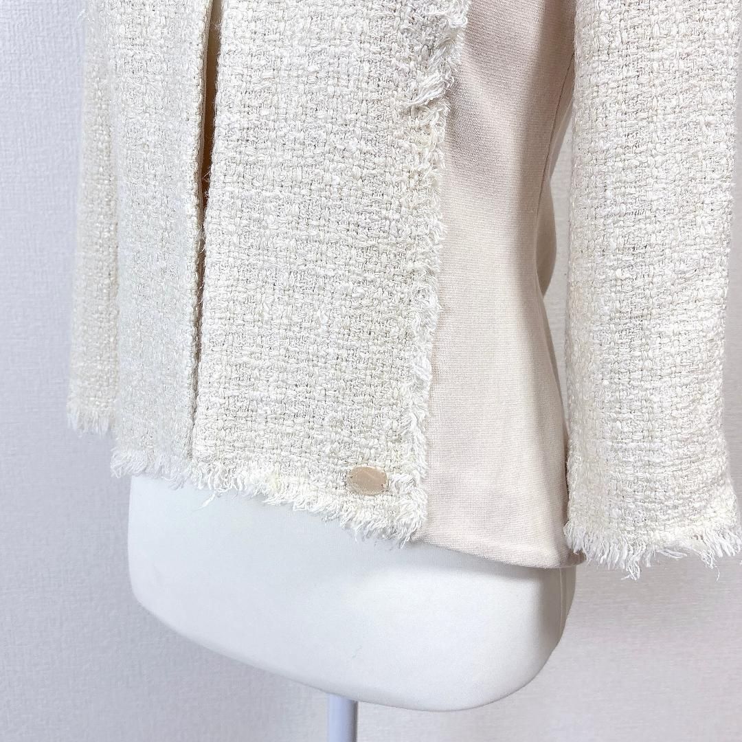 美品】 FOXEY ノーカラージャケット フック 38 オフホワイト ツイード