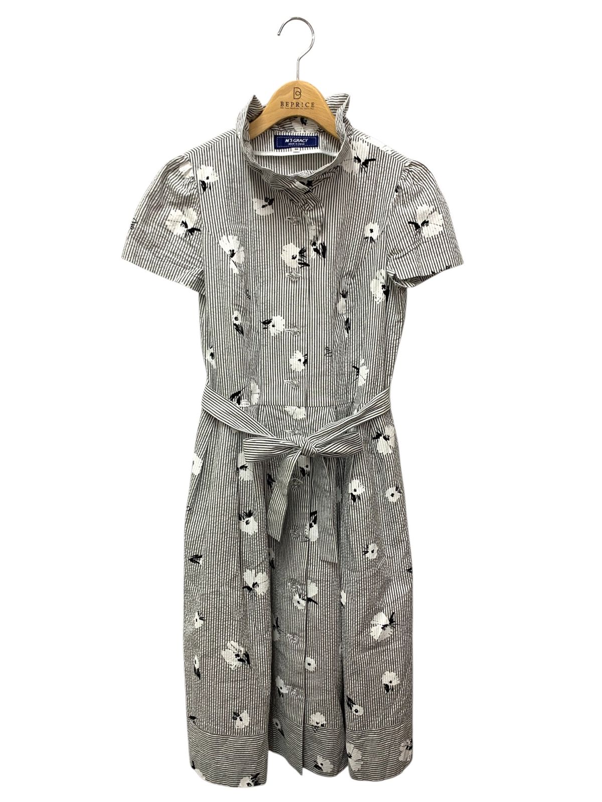 エムズグレイシー 411315 ワンピース 38 グレー 花 フリル ストライプ