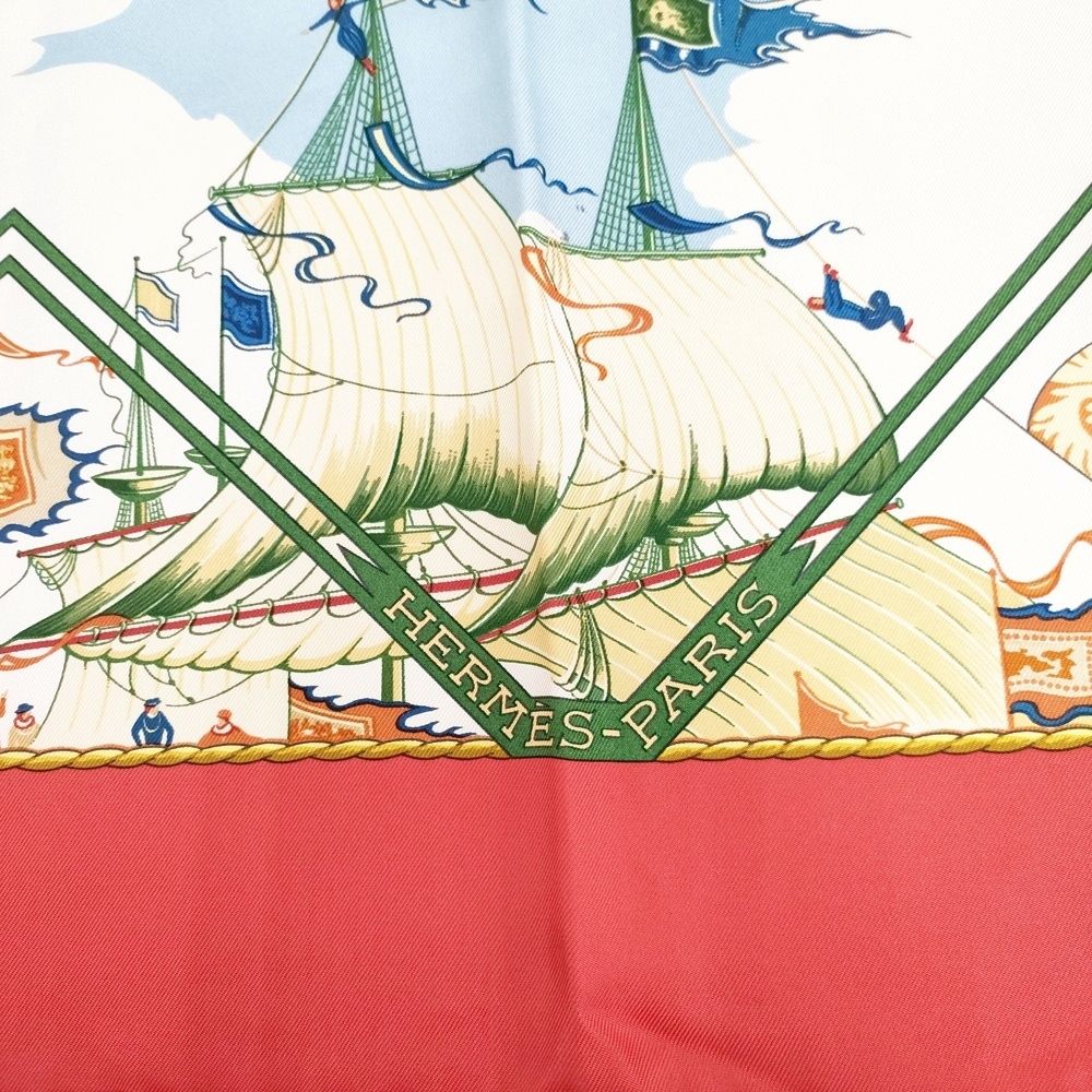 HERMES カレ90 5つの海を越えて シルク 大判 スカーフ レッド 多色 レディース エルメス 5 1222 G◎