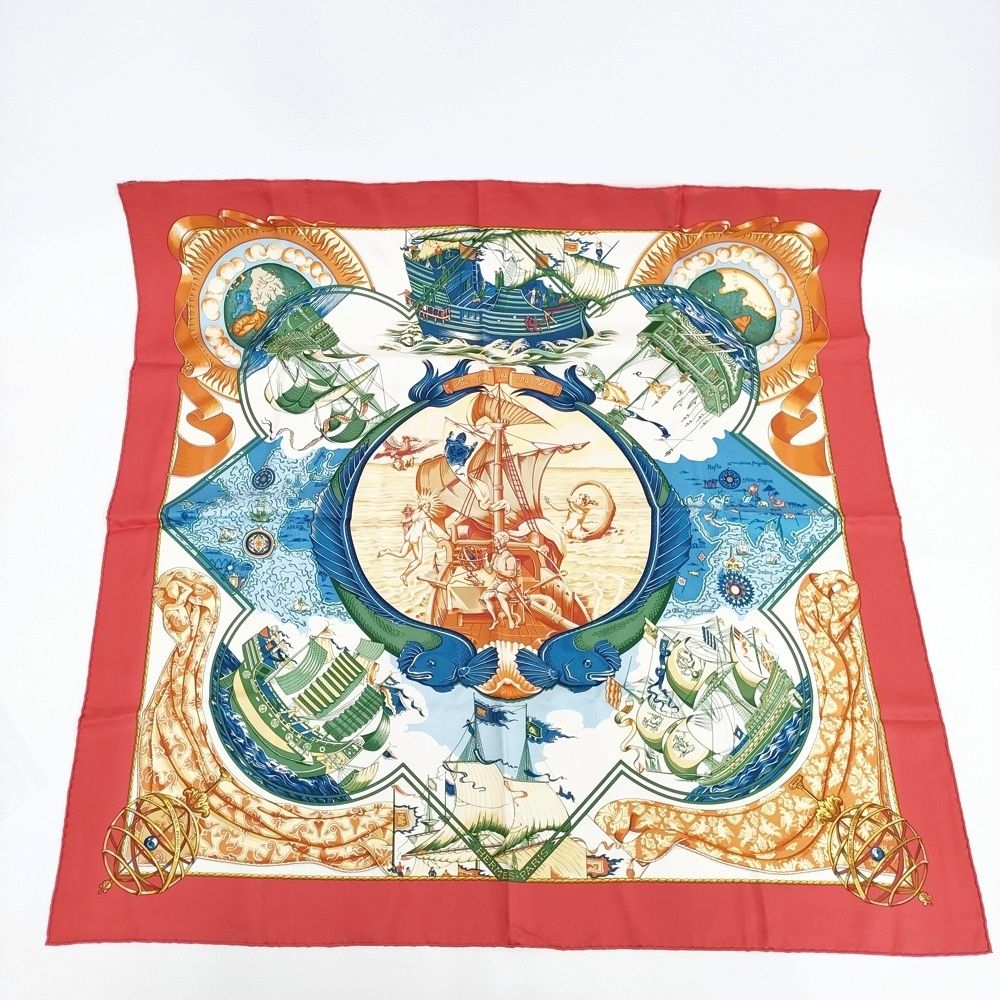 HERMES カレ90 5つの海を越えて シルク 大判 スカーフ レッド 多色 レディース エルメス 5 1222 G◎