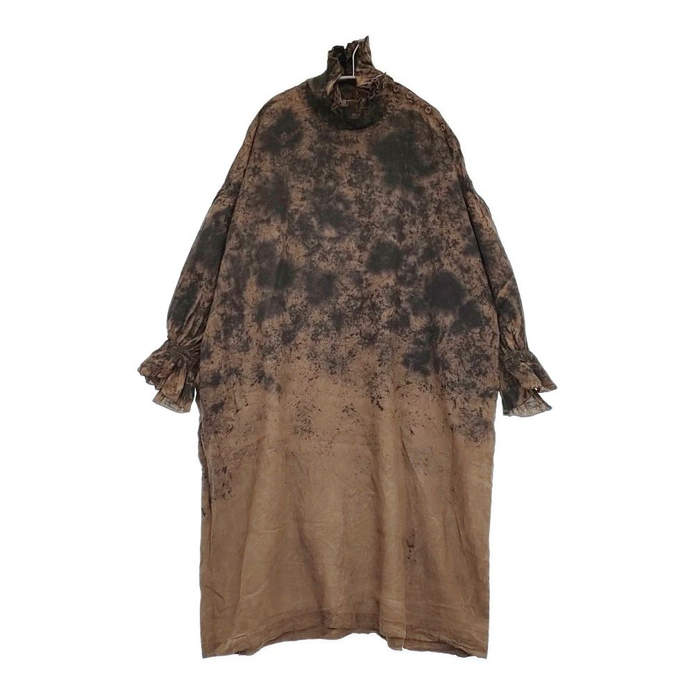 gasa 想像と創造 imagine and create スタンドカラーフリルワンピース 手染め ドレス リネン 定価99000円 24 AW ブラウン ブラック レディース ガサ 5 1222 M♪