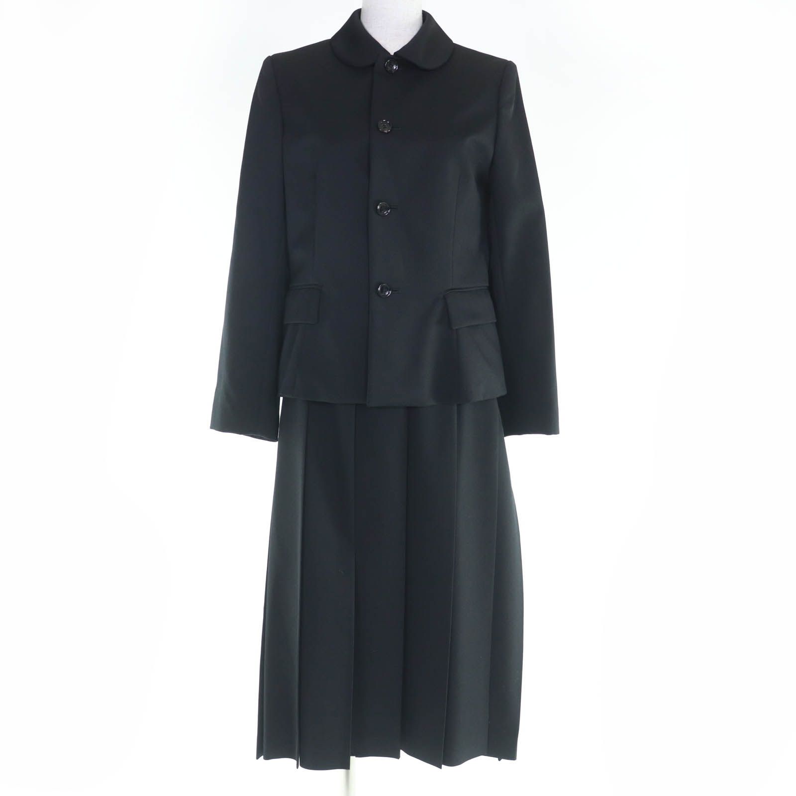 COMME des GARCONS コムデギャルソン ウール コムコム ウールギャバ 丸襟ジャケット ボックスプリーツスカート セットアップ ブラック S 日本製 レディース