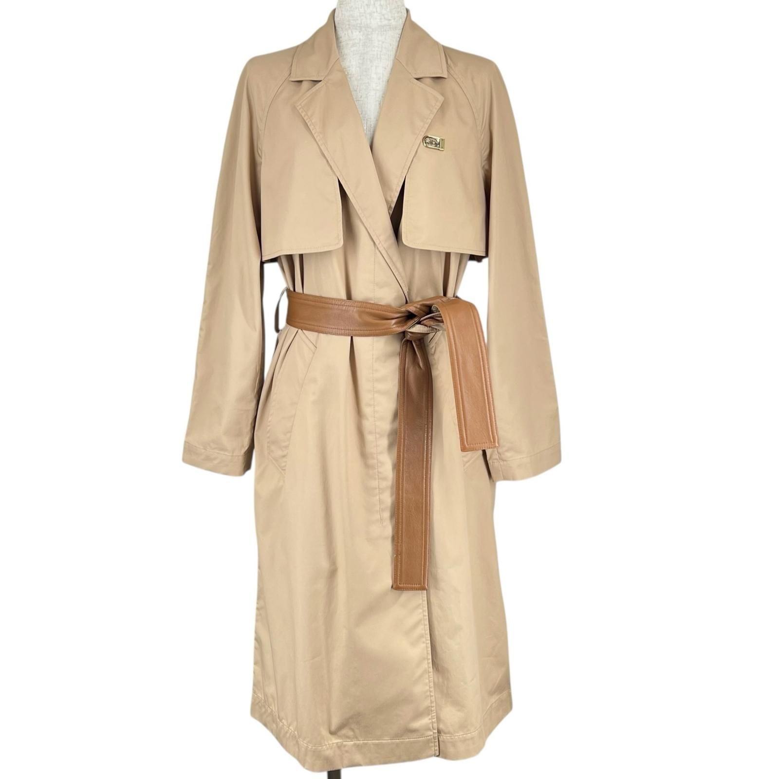 COACH コーチ 2969 比翼仕立て レザー使いベルト付 ロング丈 トレンチコート ベージュ 2 レディース