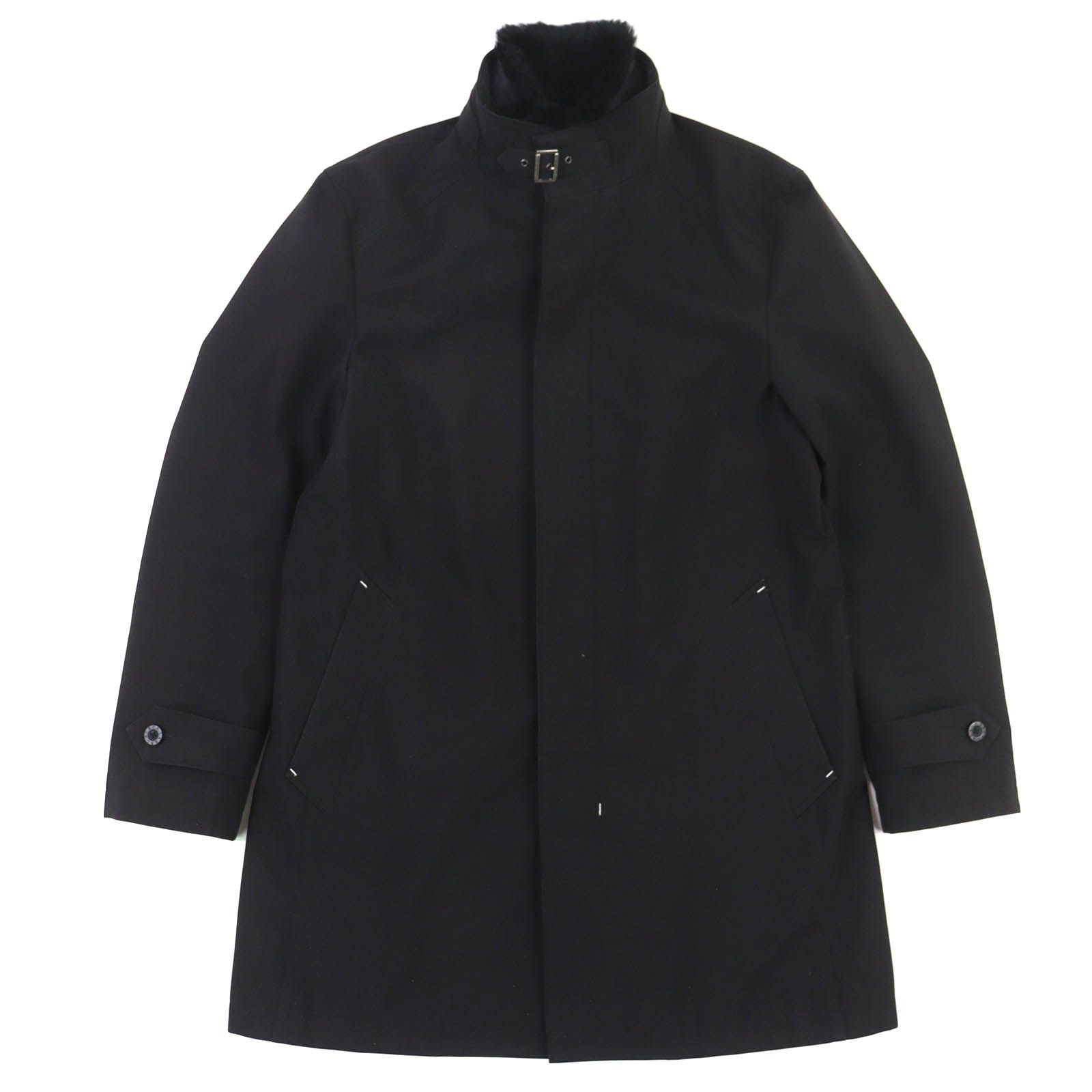 △BURBERRY BLACK LABEL バーバリーブラックレーベル 裏地チェック柄 襟ラビットファー スタンドカラー コート ブラック L メンズ