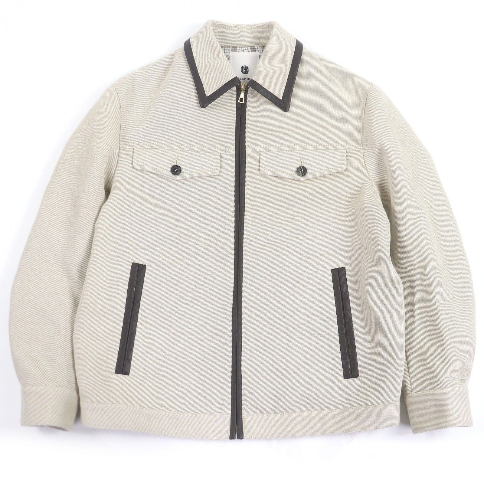 BLAMINK ブラミンク 7925 230 0402 リネン コットン ラムレザーパイピング ブルゾンジャケット ベージュ 1 日本製 メンズ レディース 定価132 000円