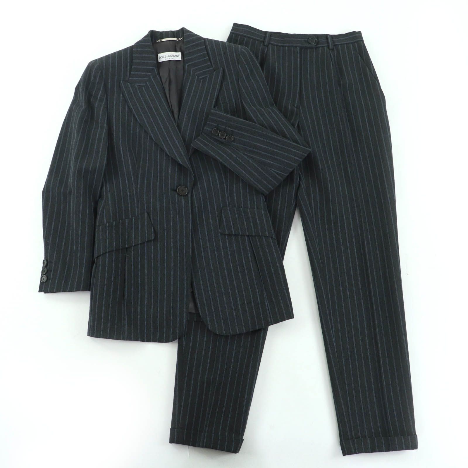 DOLCE GABBANA ドルチェ＆ガッバーナ ウール ストライプ柄 ジャケット パンツ セットアップ ダークグレー 42 イタリア製 レディース