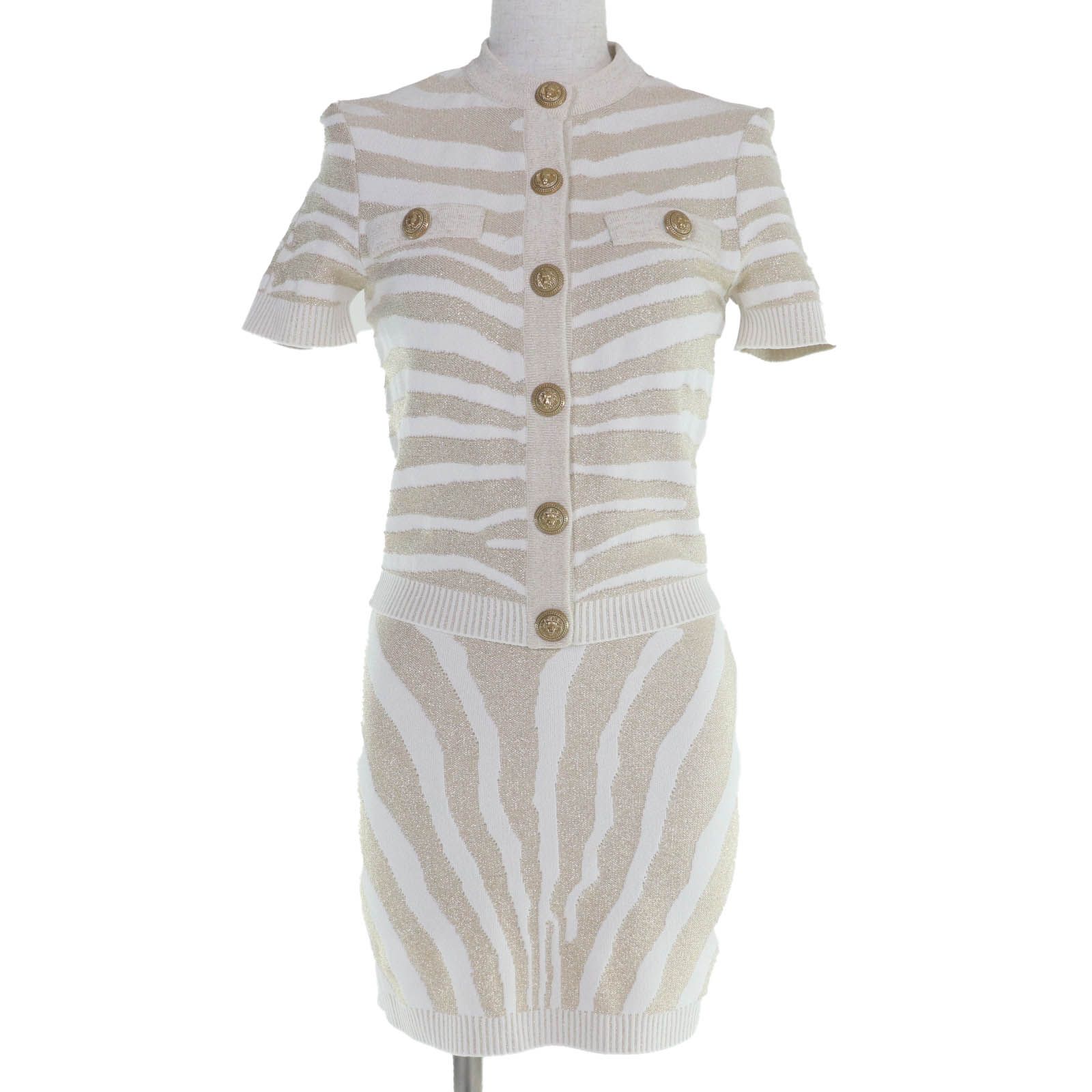 BALMAIN バルマン ゼブラ柄 ニット トップス ミニスカート セットアップ ゴールド 36 38 イタリア製 レディース