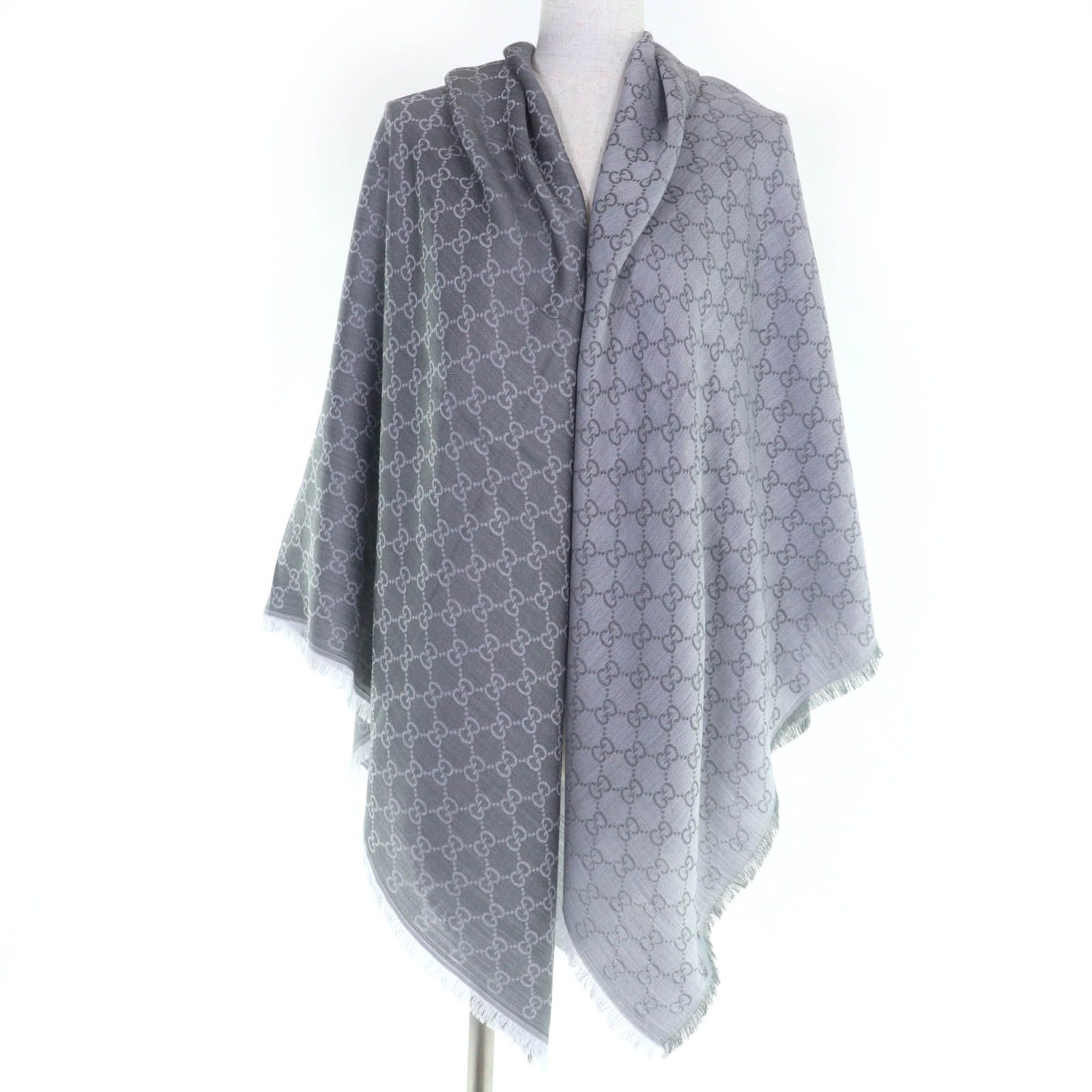 GUCCI グッチ 281942 ウール シルク GG柄 フリンジ付 大判ストール スカーフ グレー 140 イタリア製 レディース