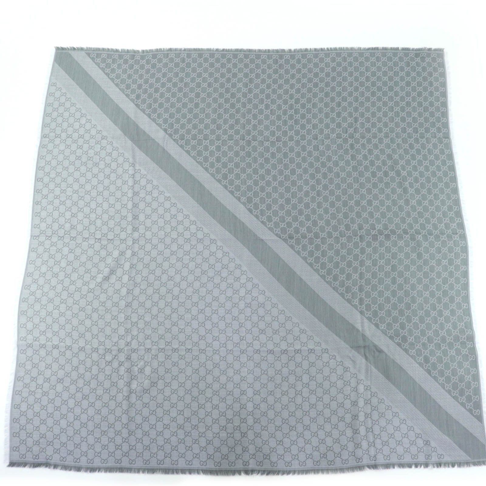 GUCCI グッチ 281942 ウール シルク GG柄 フリンジ付 大判ストール スカーフ グレー 140 イタリア製 レディース