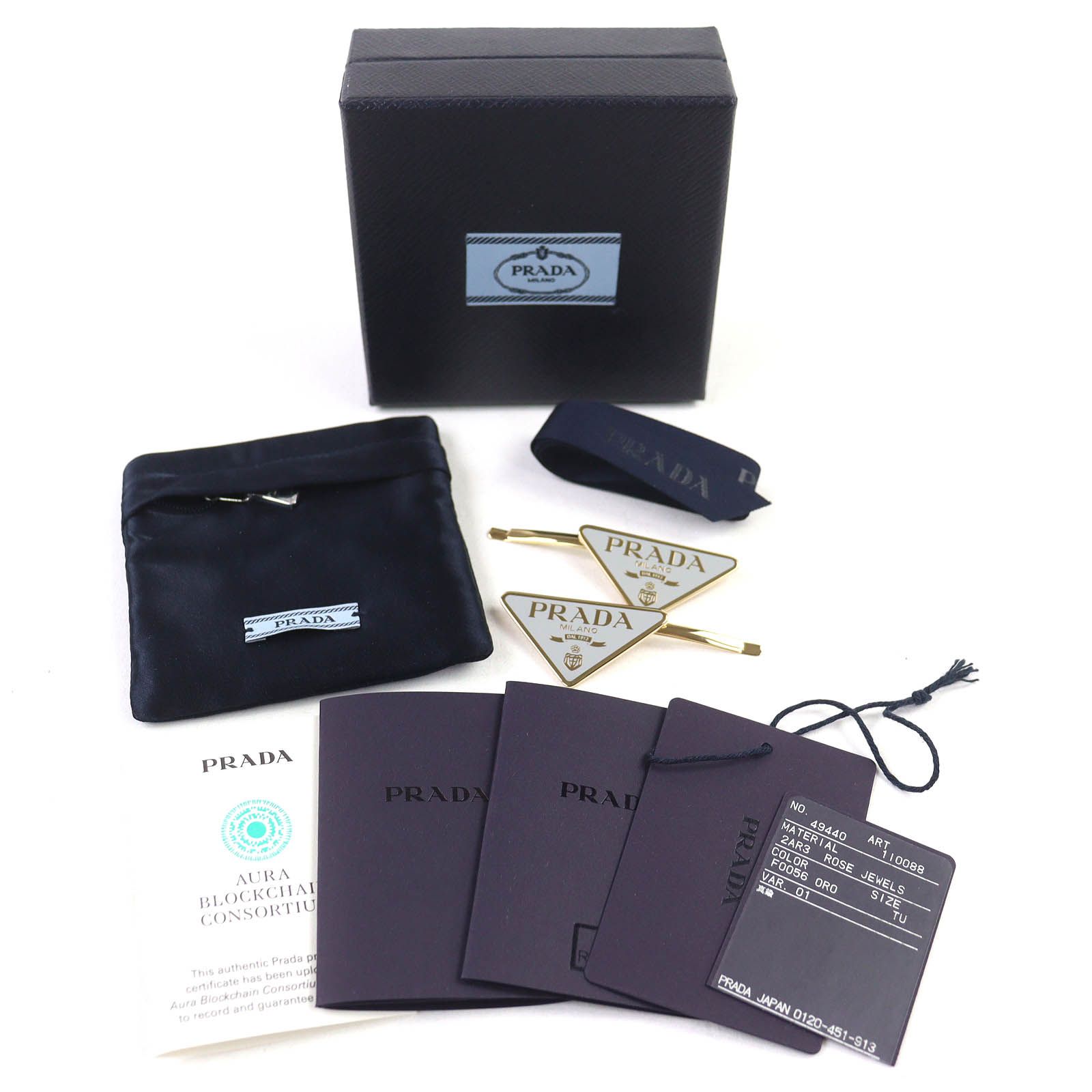 ♥品△PRADA プラダ IF 051 真鍮 トライアングルロゴ 三角プレート メタルヘアピン ヘアアクセサリー グレー 箱 保存袋付き イタリア製 レディース