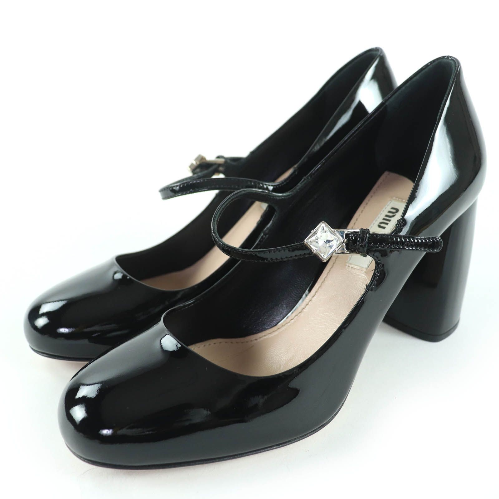 ♥品 MIUMIU ミュウミュウ ラインストーン チャンキーヒール パテントレザー パンプス ブラック 36 き イタリア製 レディース