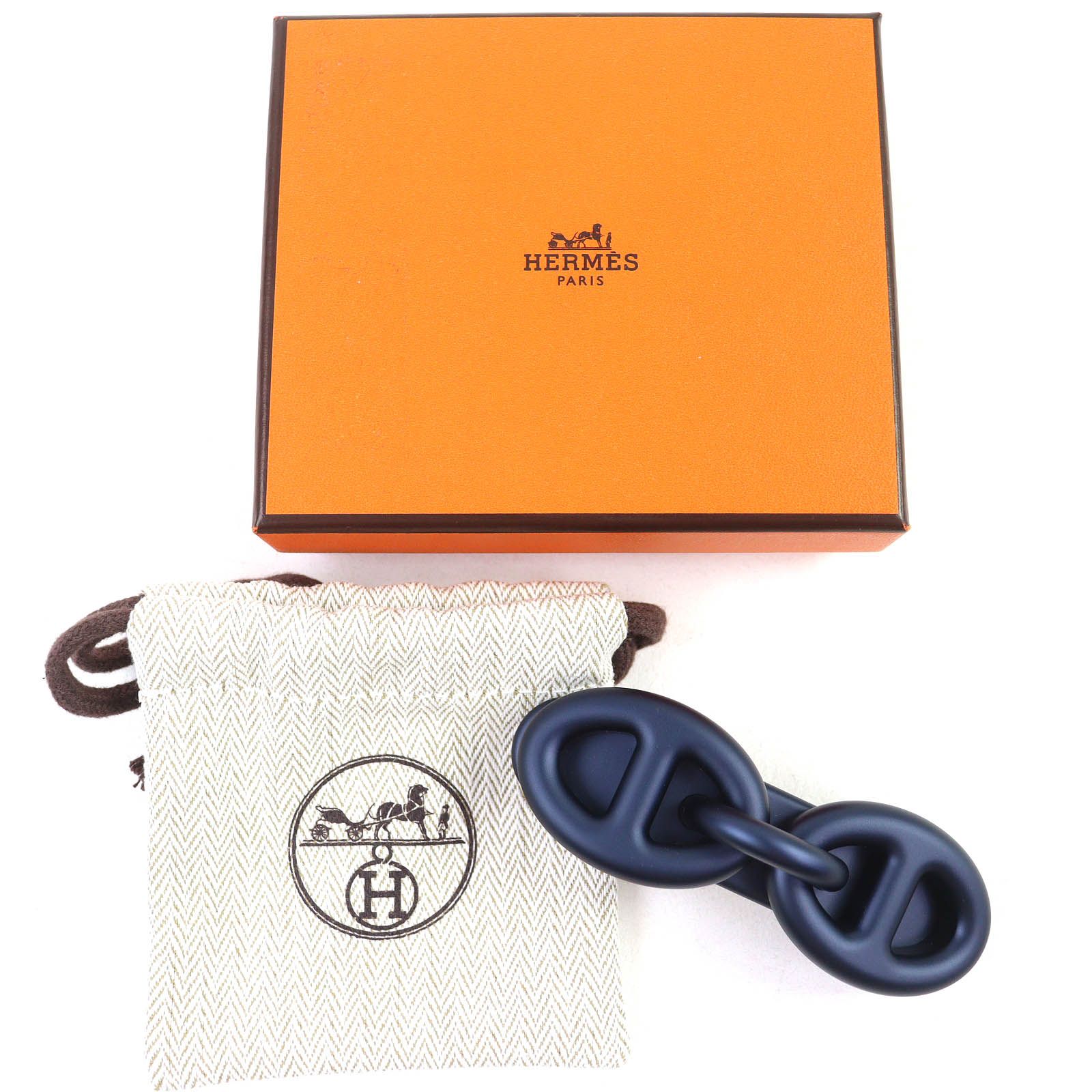 ♥品△HERMES エルメス トリ マイヨン GM ブルーメタリック シルバー金具 シェーヌダンクル バレッタ ヘアピン 髪留め ヘアアクセサリー 保存袋付き フランス製 レディース