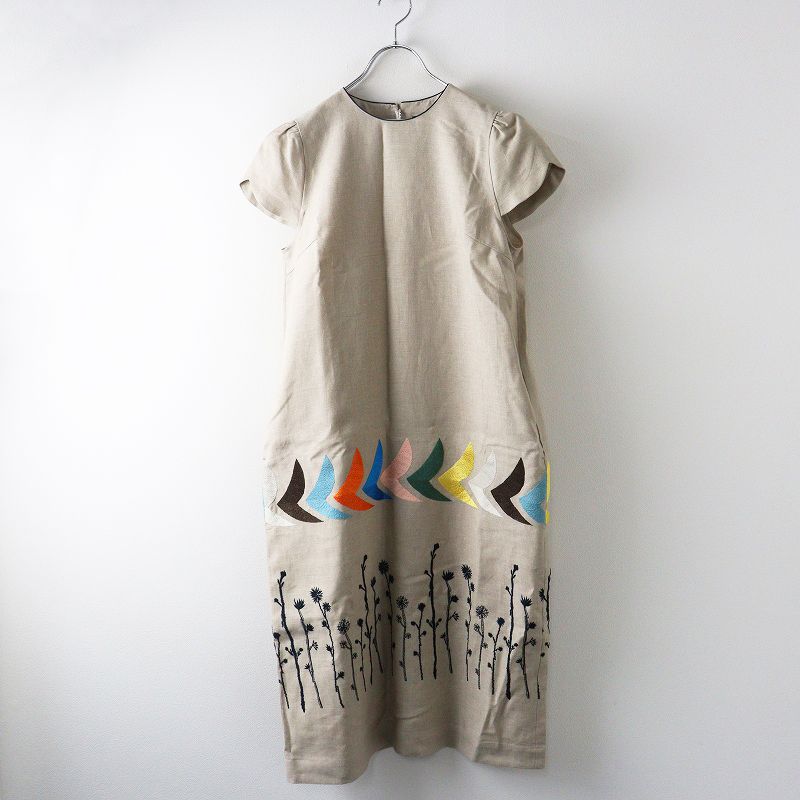 ♥ 定価8 1万 2025 SS 30周年 品 ミナペルホネン mina perhonen noppara bird 刺繍リネンワンピース 38 ベージュ┃